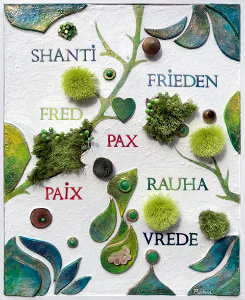 Quatrième tableau du quatuor Paix (ensemble de 4 tableaux), illustrant le mot Paix dans plusieurs langues